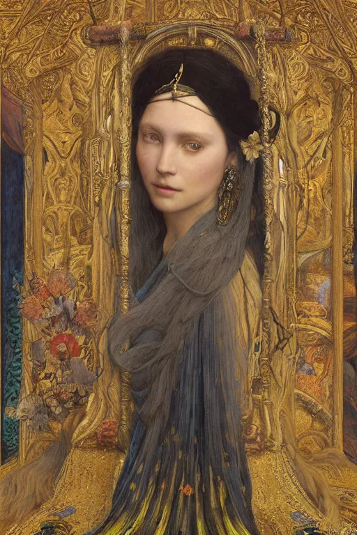 Image similar to coronation portrait of the last queen of the dawn mountains, by Donato Giancola and Annie Swynnerton and John Bauer and John William Godward and Vermeer, embroidered velvet, iridescent beetles, rich color, ornate headdress, flowing robes, lost runes, ancient civilizations, dramatic cinematic lighting, featured on Artstation, cgisociety, unreal engine, extremely detailed