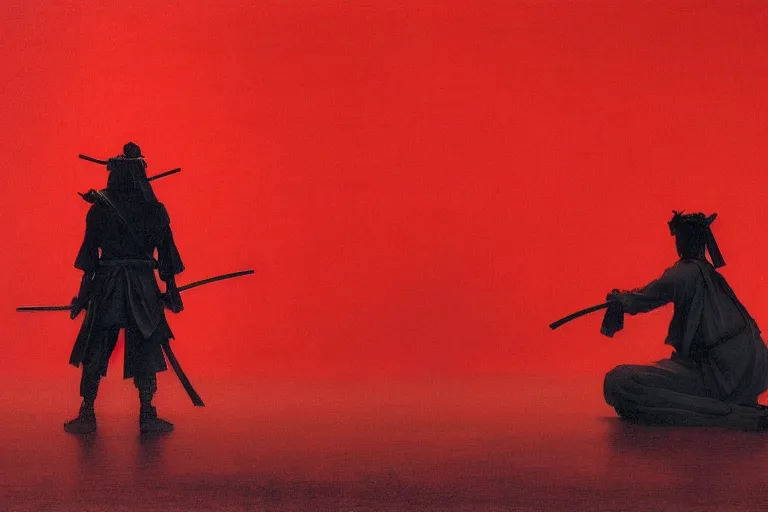 Image similar to only with red, a red samurai harakiri, tokio, a lot of frogs watch, in the style of beksinski, parts by edward hopper, parts by rodcenko, parts by yue minjun, intricate and epic composition, red by caravaggio, insanely quality, highly detailed, masterpiece, red light, artstation, 4 k