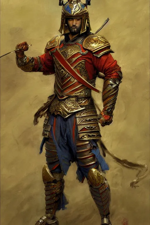 Image similar to attractive muscular male with armor and clothes, tang dynasty, character design, colorful paint, sweat, painting by gaston bussiere, craig mullins, j. c. leyendecker