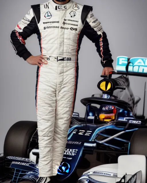 Image similar to a portrait of a mercedes f 1 driver in a white overall with the face of barack obama, outdoor, professional portrait photography, ambient light