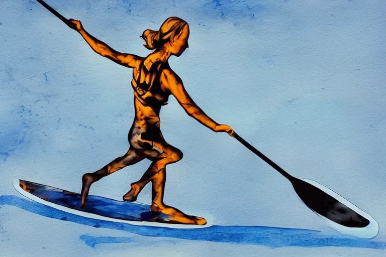 Image similar to beautiful serene person on a paddle board sup, healing through motion, life, minimalistic golden and ink airbrush painting on white background