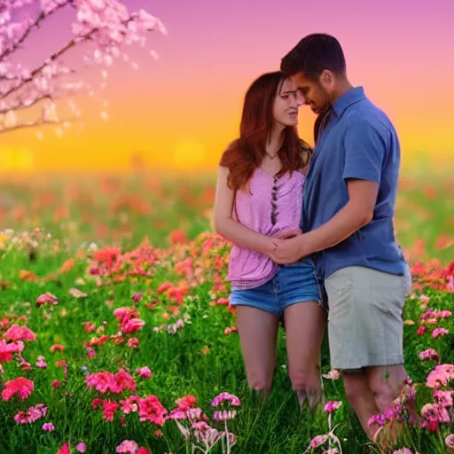 Image similar to a young couple holding hands in a field of flowers at sunset, realistic, intricate, 4k