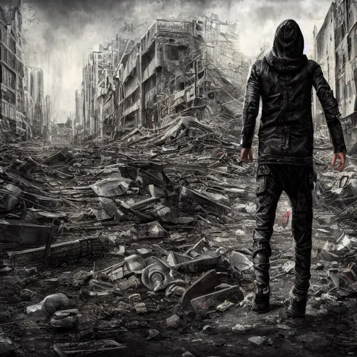 Prompt: hooded apocalyptic man standing in street of destroyed city, hyper - detailed, smooth, sharp focus, 4 k ultra hd, fantasy dark art, apocalyptic art