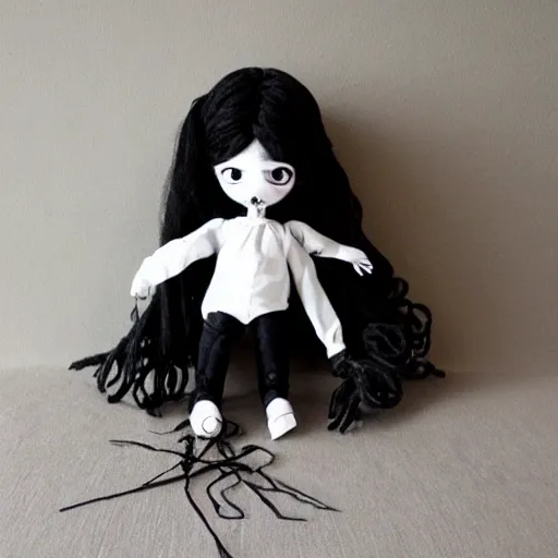 Image similar to creepy doll cursed witchcraft black eyes toy Lovecraftian dark blackness simple doll