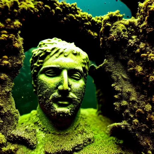 Prompt: Ruins, Nicolas Cage underwater mossy old statue, ruins, photo, dark, kelp and moss all over, bottom of ocean, deep ocean, bottom of ocean, dark, 35mm, fish, underwater landscape, 4k, detailed, photorealistic, photo, Atlantis, underwater camera, fish, fish, fish