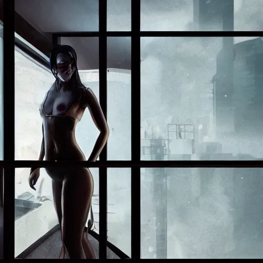 Image similar to a woman, moment, cyberpunk penthouse balcony, tech noir, wet skin, atmospheric, ambient, hopper, rupert everton, alexis flower, livia prima,