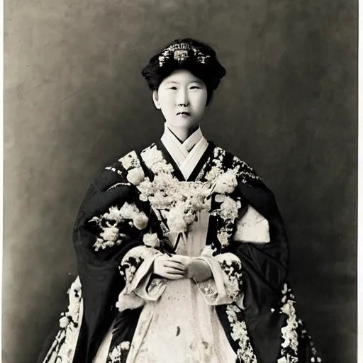 Image similar to A wide full shot, colored black and White Russian and Japanese mix historical fantasy a photograph portrait of the empress in her wedding gown holding her bouquet, 1907 photo from the official wedding photographer for the royal wedding.