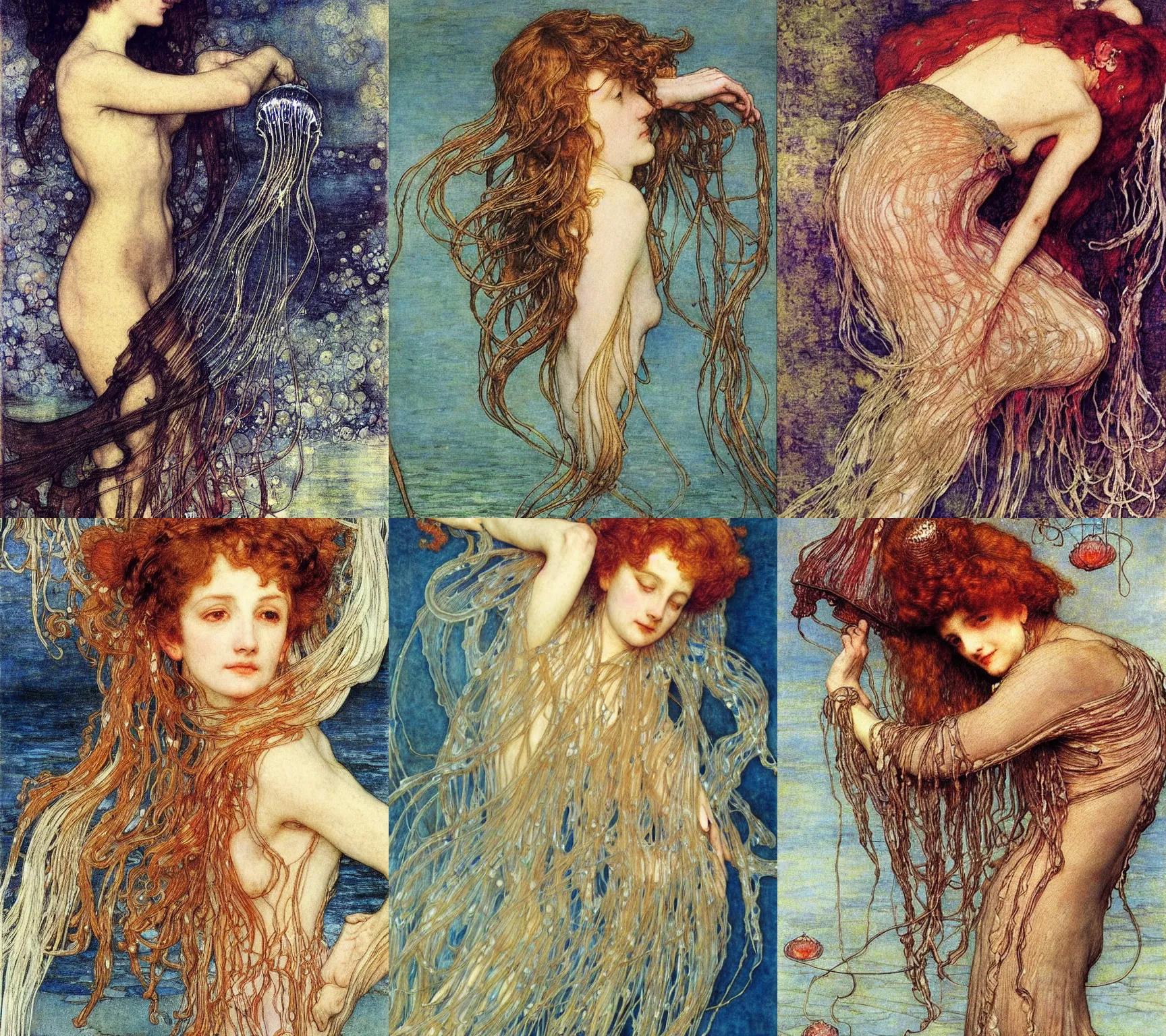 Prompt: Jellyfish. Extremely high detail, details, realistic, masterpiece, colorful. Portrait painting by Arthur Rackham, Eugene de Blaas, Frederic Leighton