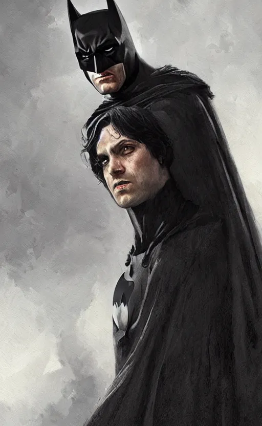 Image similar to Portrait of batman in a black cloak, black hair, glowing eyes, male, detailed face, fantasy, highly detailed, cinematic lighting, digital art painting by greg rutkowski