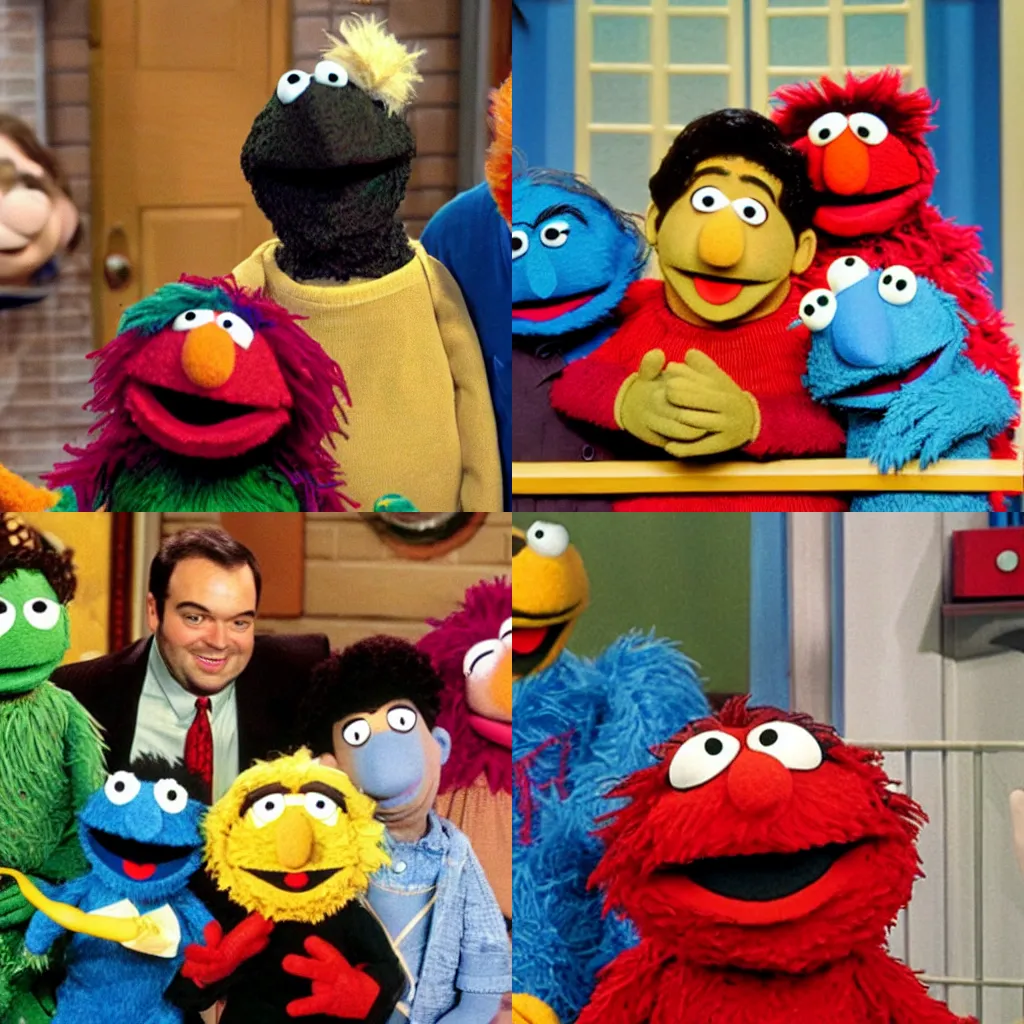 Prompt: rich evans on sesame street as a muppet, 4 k hd tabloid photo