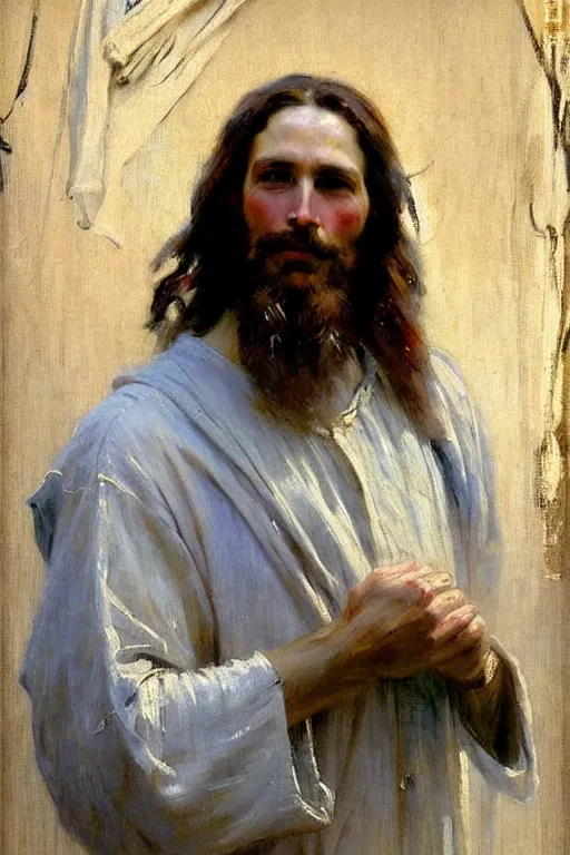 Image similar to impressionist brushstrokes!!!!!!!!! solomon joseph solomon and richard schmid and jeremy lipking victorian loose genre loose painting full length portrait painting of jesus with a slight smile happy inviting