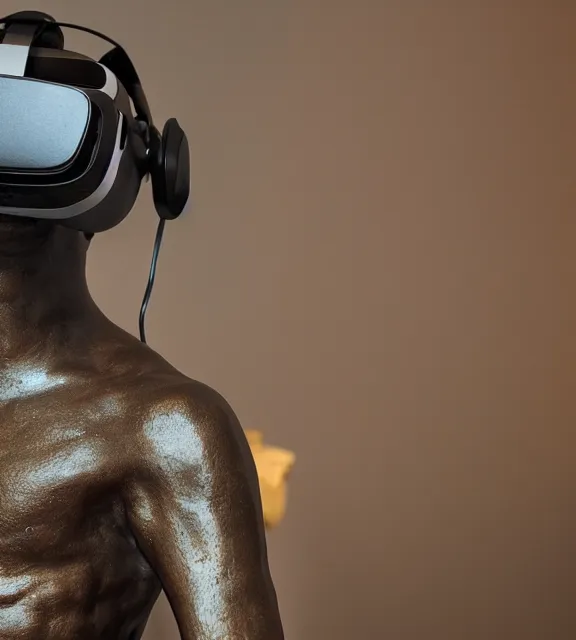 Prompt: a 4 k photorealistic photo medium shot of a bronze statue of a man wearing a vr headset.