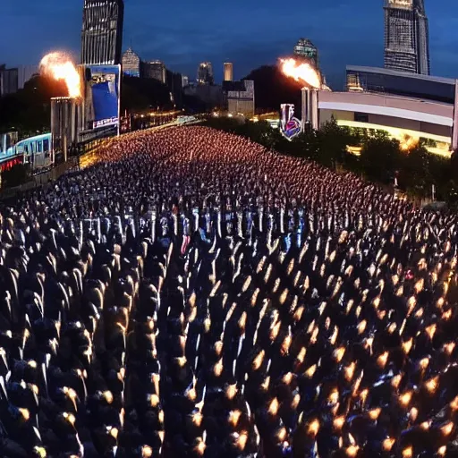 Image similar to 4 k wide angle gigantic army of mark zuckerberg robots during a protest with torch lighting at dusk