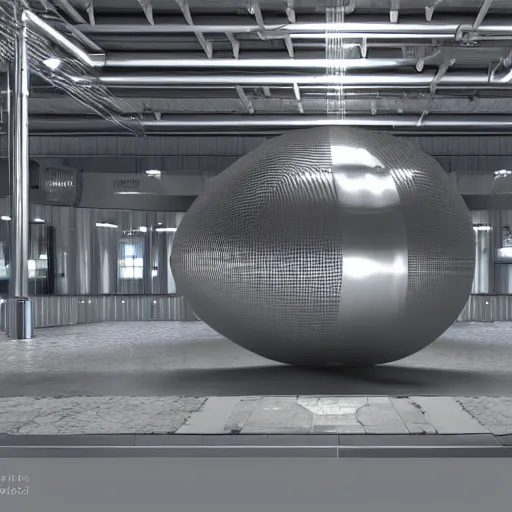 Image similar to big metallic capsule connected to pipelines, purpose is pump, standing in large industrial hall, designed by best engineers, raytracing, reflections