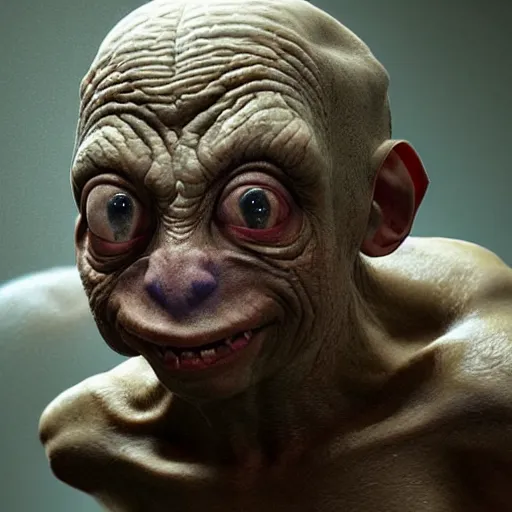 Image similar to hyperrealistic mixed media high resolution painting of Danny DeVito disguised as Gollum skulking in a dark cave, stunning 3d render inspired art by Jamie Salmon and István Sándorfi and Unreal Engine and Greg Rutkowski, perfect facial symmetry, dim volumetric lighting, 8k octane beautifully detailed render, full body shot, post-processing, extremely hyper-detailed, intricate, epic composition, highly detailed attributes, highly detailed atmosphere, cinematic lighting, masterpiece, trending on artstation, very very detailed, masterpiece, stunning, flawless completion, lifelike texture, perfection,