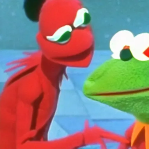 Prompt: Stills from the anime Neon Genesis Evangelion, Kermit the Frog from Sesame Street as an attacking angel