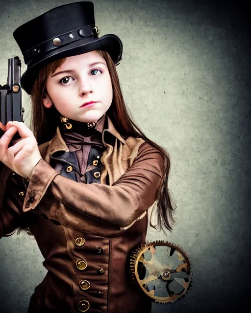 Image similar to Young girl in steampunk clothes, she wears boots and holds a gun, full body shot, sharp focus, photography, very detailed, dark hair, by nikon, by Iphone, 4k