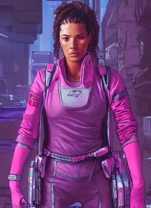 Image similar to maria. apex legends cyberpunk athlete in pink jumpsuit. concept art by james gurney and mœbius. cinematic, dramatic lighting, high detail 4 k