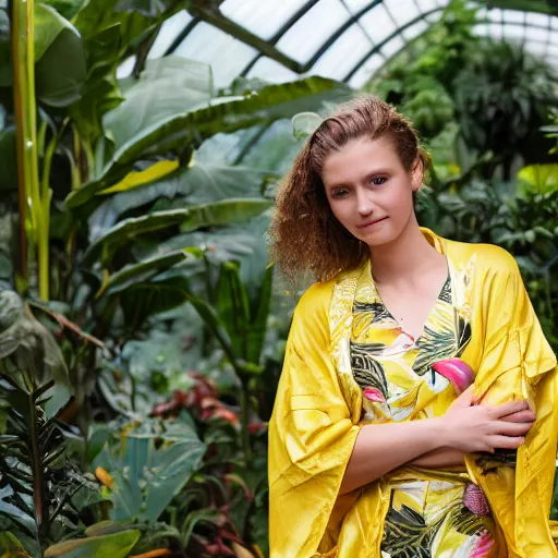 Prompt: medium photo portrait of a young european woman wearing a yellow kimono in a tropical greenhouse