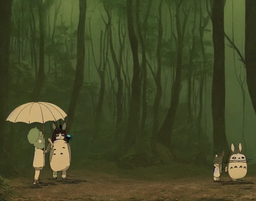 Image similar to A Retzling standing with Totoro at a japanese bus stop, holding an umbrella, in the forest, rainy night, film screenshot, Studio Ghibli, Hayao Miyazaki, —TEST