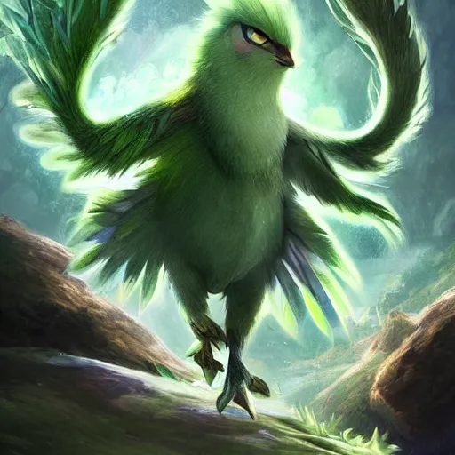 Image similar to a cute beautiful earth type pokemon, green feathers bursting out of his hair, full body shot, highly detailed digital art, 3 d perspective, award - winning illustration, aesthetic, smooth, pokemon style, made by greg rutkowski, with an alien landscape in the background