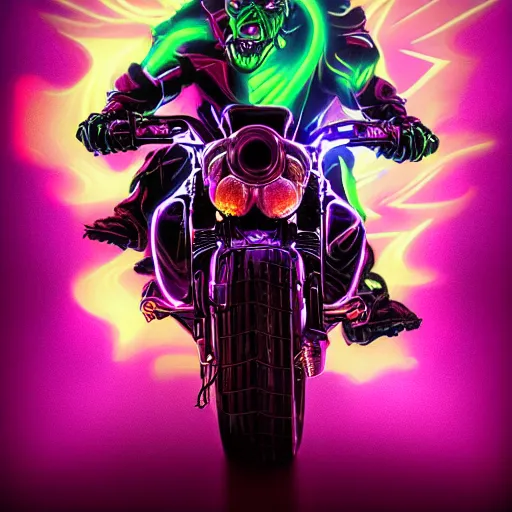 Image similar to psychedelic blacklight neon airbrush artwork, motorcycle, hyper stylized action shot of an orc popping a wheelie on a motorcycle, menacing orc, clear focused details, soft airbrushed artwork, black background, apocalyptic, cgsociety, artstation, peter lloyd art, peter palombi art