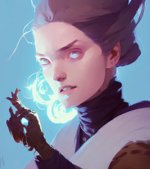 Image similar to portrait of a female mage, fantasy, by atey ghailan, by greg rutkowski, by greg tocchini, by james gilleard, by joe fenton, by kaethe butcher, dynamic lighting, gradient light blue, brown, blonde cream and white color scheme, grunge aesthetic