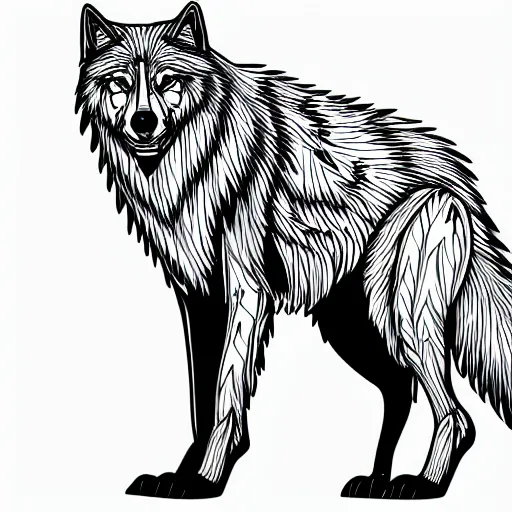 Prompt: wolf template base, digital line-art, full-body sideways view, simple, black and white, coloring book style, high quality, HD, 8K