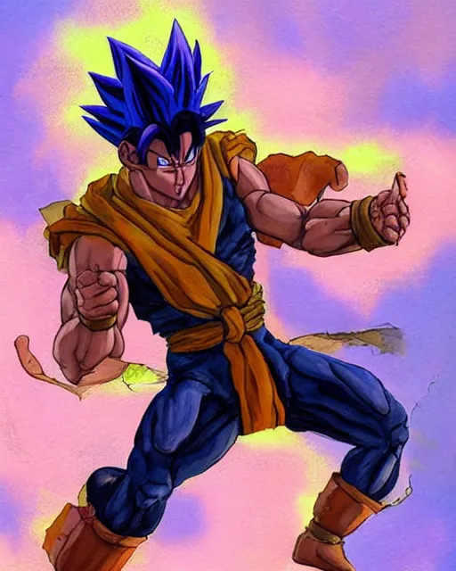 Image similar to a oil / watercolor painting full body character portrait of an half - saiyan humanoid cat martial artist / mercenary in the style of moebius in the style of leonard boyarsky trending on artstation deviantart pinterest detailed photorealistic highlights and shadow hd 8 k post - processing high resolution