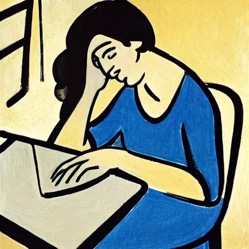 Image similar to close - up of a frustrated young woman coding on her laptop, by matisse 1 9 4 5. early morning, hot coffee