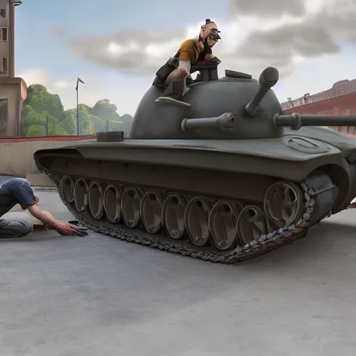 Prompt: the engineer from TF2 building the Maus tank, photorealistic, 4k