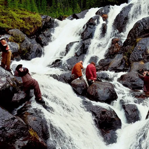 Prompt: hundreds lots lots lots of bears catching salmon at the top of a small waterfall in alaska, national geographic photo, detailed, wide angle, 1 2 0 mm film photo 4 k