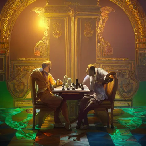 Image similar to a highly detailed art of chess game, neon colored suit, beautiful detail and color, art by john collier and albert aublet and krenz cushart and artem demura and alphonse mucha, volumetric lighting, octane render, 4 k resolution, matte, sharp focus, illustration, art by jacque - louis david, baroque style