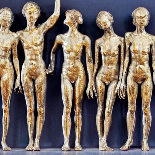 Image similar to A beautiful body art of a group of people standing in a line. They are all facing the same direction and appear to be waiting for something. gold statue by Constant Permeke threatening, graceful