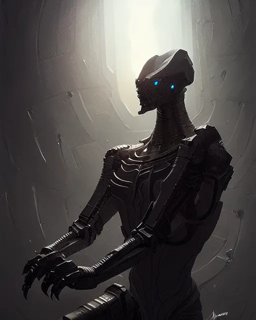 Prompt: professional concept art portrait of a predatory robotic villain in a dark room by artgerm and greg rutkowski. an intricate, elegant, highly detailed digital painting, concept art, smooth, sharp focus, illustration, in the style of cam sykes, wayne barlowe, igor kieryluk.