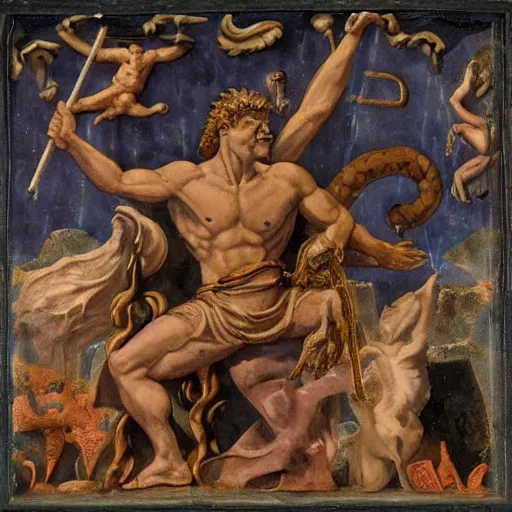 Prompt: The collage depicts the mythical hero Hercules in the moments after he has completed one of his twelve labors, the killing of the Hydra. Hercules is shown standing over the dead Hydra, his body covered in blood and his right hand still clutching the sword that slew the beast. His face is expressionless, betraying neither the exhaustion nor the triumph that must surely accompany such a feat. by Rob Gonsalves harrowing, harrowing