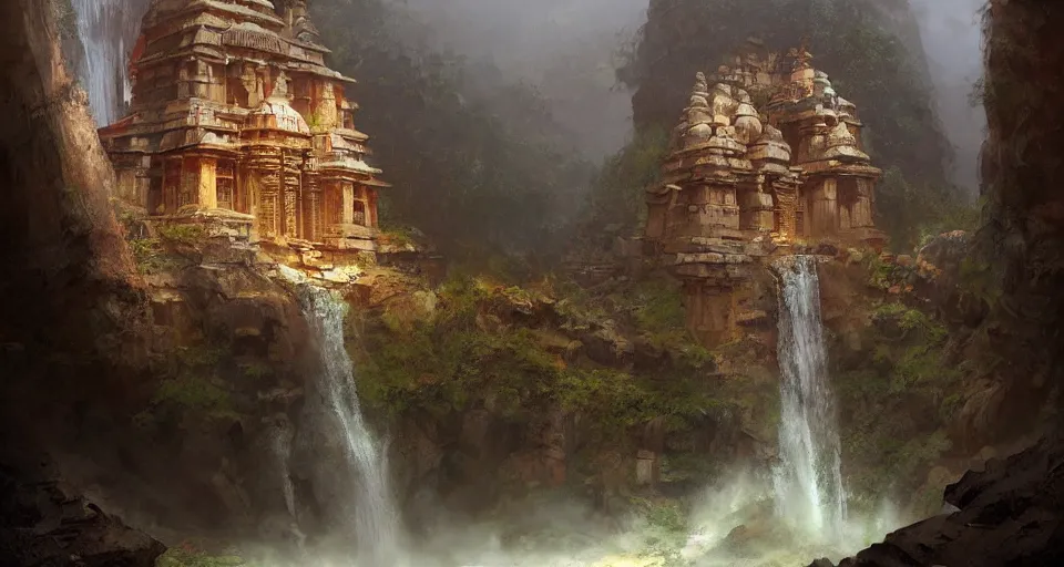 Prompt: indian ancient temple hidden in a cave waterfalls around, realistic concept art, eytan zana, one pixel brush, by eugene von guerard, ivan shishkin, dramatic lighting, concept art, trending on artstation