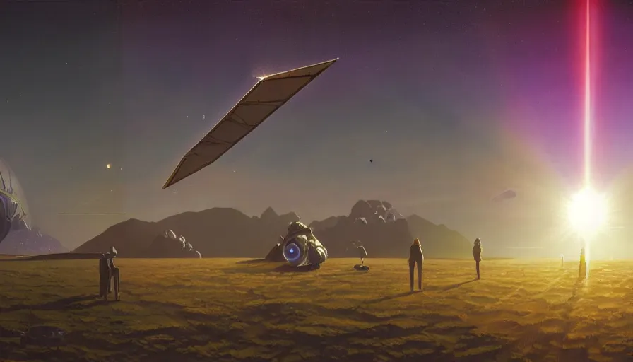 Image similar to solar sail unfolding infront of sun, in space, earth visible below, simon stalenhag