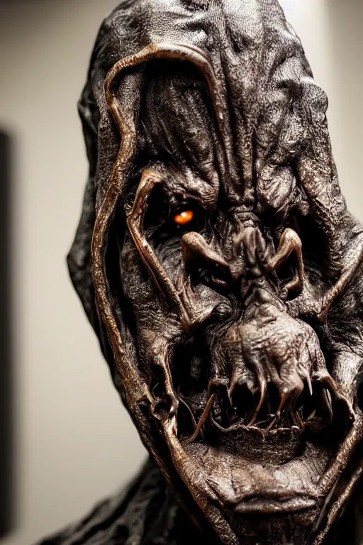 Image similar to photo taken of an epic intricate, ultra detailed, super realistic sculpture of a nightmarish hellish demonic hooded grim reaper sculpture on display in a workshop, created by weta workshop, head shots, photorealistic, sharp focus, f 0. 4, face centred, golden ratio