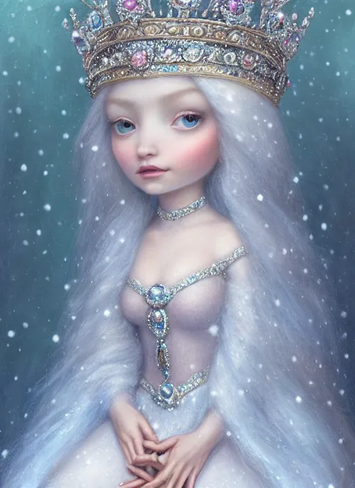 Image similar to highly detailed closeup portrait of a snow, ice princess wearing a crown and sitting on a throne, nicoletta ceccoli, mark ryden, lostfish, earl nore, global illumination, god rays, detailed and intricate environment