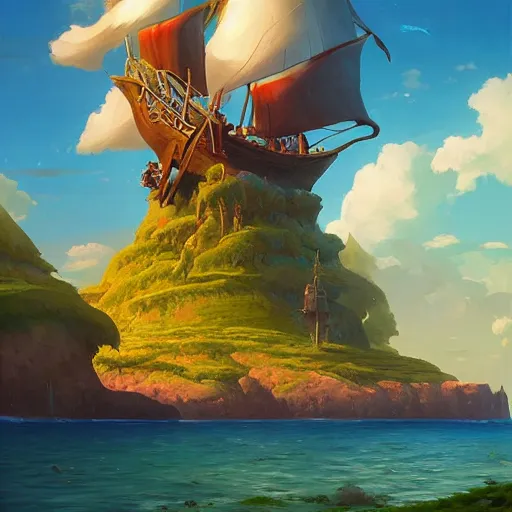 Prompt: a painting of an island with a pirate ship on it, a detailed matte painting by RHADS, cgsociety, fantasy art, matte painting, artstation hq, matte drawing, by makoto shinkai and Beeple Jorge Jacinto