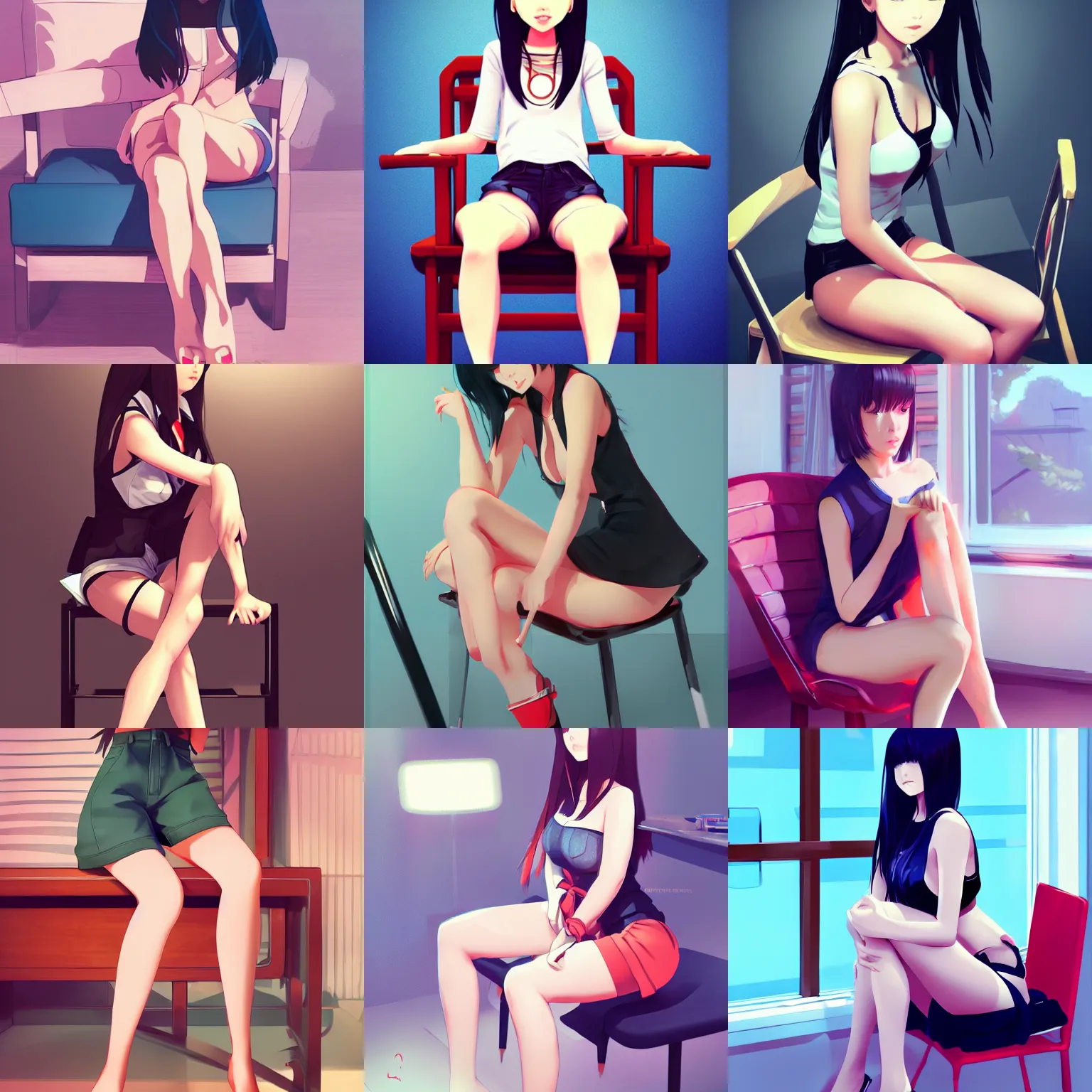 Prompt: sexy asian girl wearing shorts, sitting on a chair, in the style of ilya kuvshinov and rossdraws