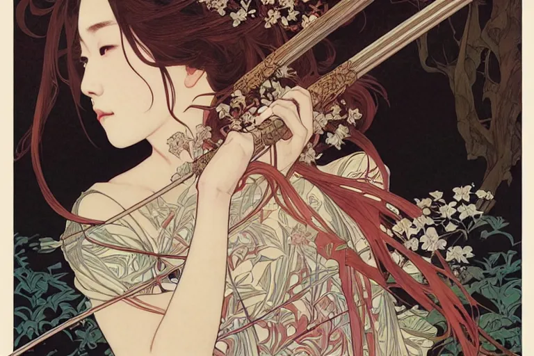 Image similar to beautiful cinematic fantasy poster, asian woman side view using a bokken in forest ; intricate complexity, by shigenori soejima, krenz cushart, alphonse mucha, takato yamamoto, conrad roset, 4 k, beautiful, high quality - h 9 6 0