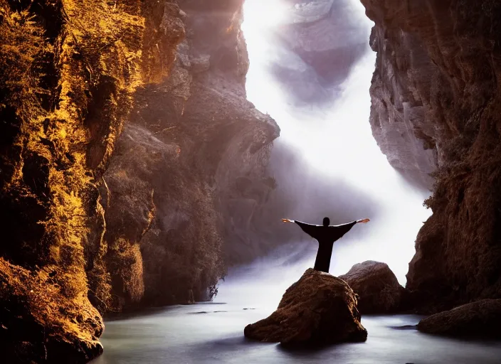 Image similar to a 2 8 mm macro photo of a man in flowing robes floating levitating over a huge canyon, splash art, movie still, bokeh, canon 5 0 mm, cinematic lighting, dramatic, film, photography, golden hour, depth of field, award - winning, anamorphic lens flare, 8 k, hyper detailed, 3 5 mm film grain, hazy