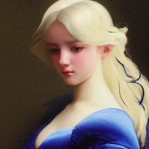 Image similar to young woman's face, her hair is white and she wears a cobalt blue duchesse satin cloak, by ivan aivazovsky and syd mead and moebius and roger dean and aelbert cuyp and willem claesz and pieter claesz and paul delaroche and alma tadema, hyperrealistic, volumetric light, octane