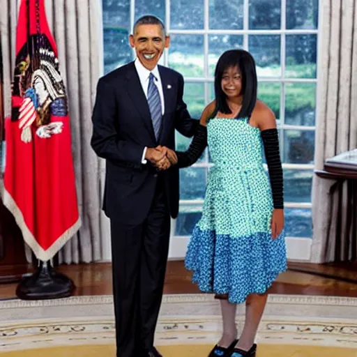 Prompt: Obama shaking hands with Hatsune Miku, formal white house event