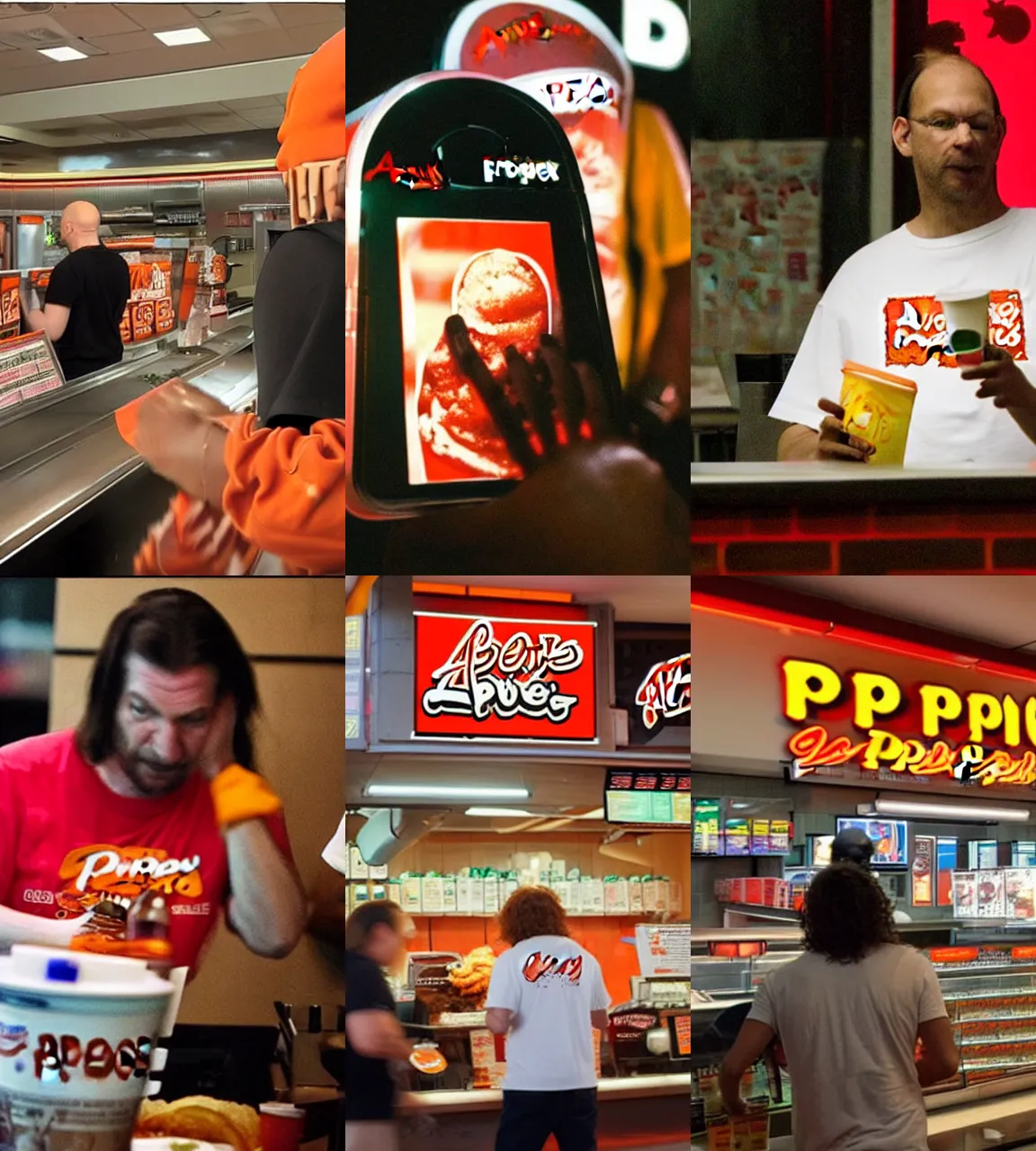 Prompt: Aphex Twin spotted ordering Popeyes at night