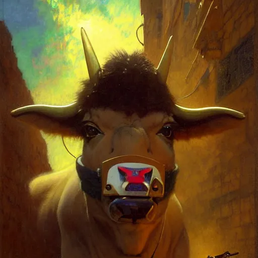 Image similar to portrait of a female furry bull cow in a police uniform. shadowrun furaffiniy cyberpunk fantasy highly detailed painting by gaston bussiere craig mullins jc leyendecker gustav klimt artgerm greg rutkowski john berkey, bergey, craig mullins, ruan jia, raymond swanland, jeremy mann, tom lovell, alex malveda