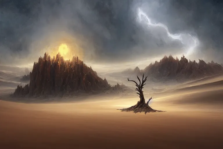 Image similar to cinematic fantasy landscape painting by jessica rossier, primordial and cosmic, desert valley of bones, an autumn maple bonsai growing alone, on a desolate sand dune surrounded by storm tossed waves hr giger