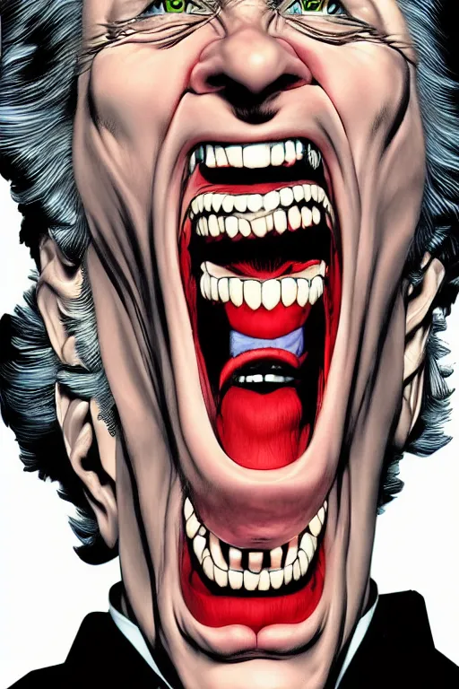 Prompt: digital portrait of a laughing psychotic man by brian bolland, rachel birkett, alex ross, and neal adams | centered, deviantart, artgerm